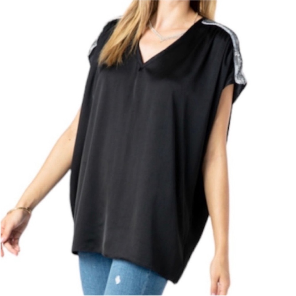 VOCAL Sequins Satin Tunic Blouse Top L black